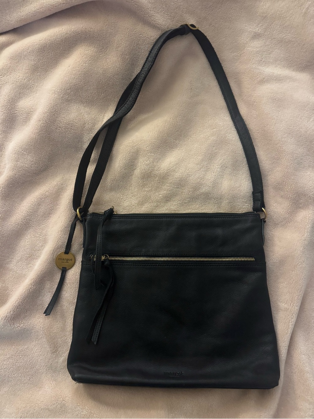 margot Black Leather Crossbody with Front Zip and Gold Accent
